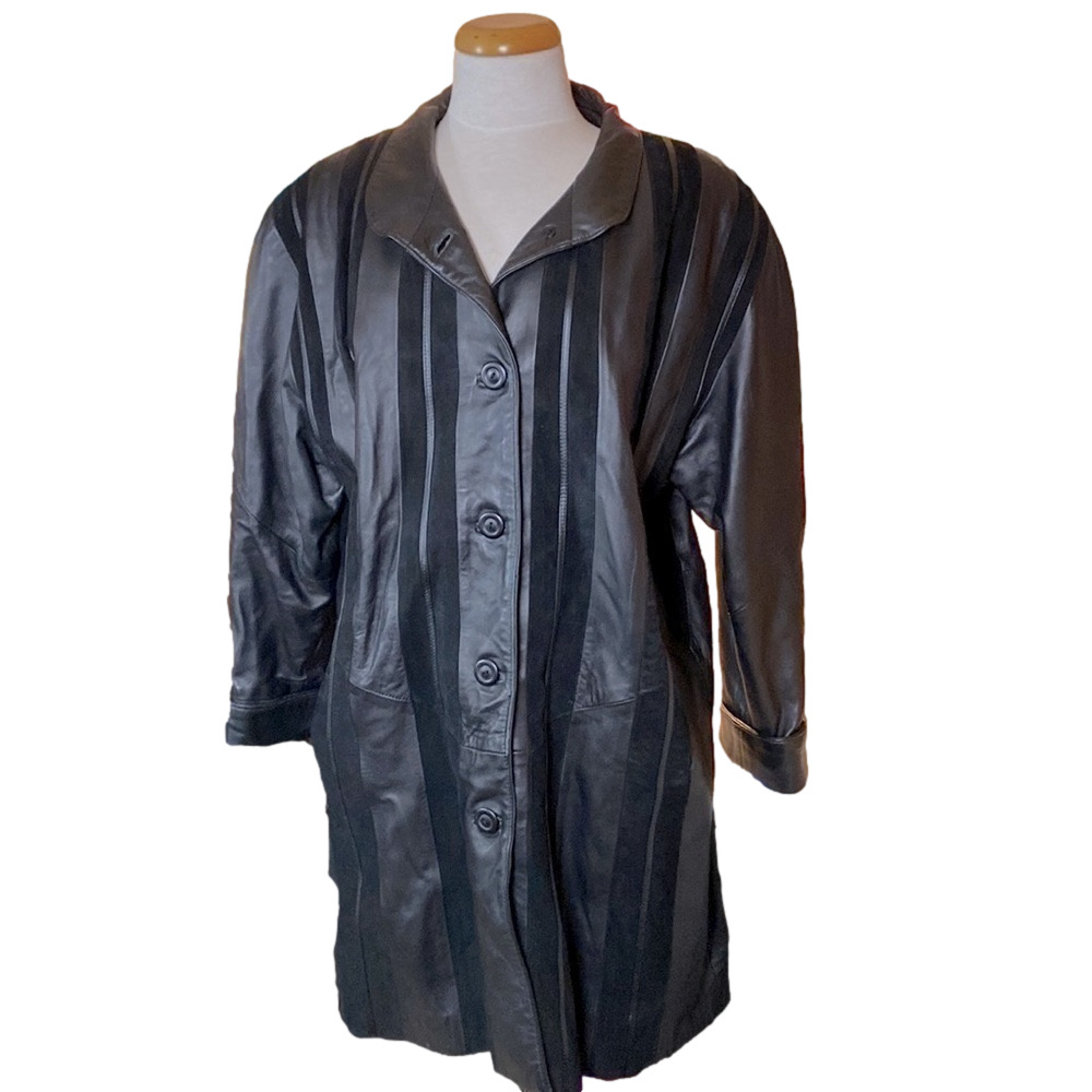 🌷VILLAGE du Cuir🌷 Vintage Long Black Leather Jacket Coat